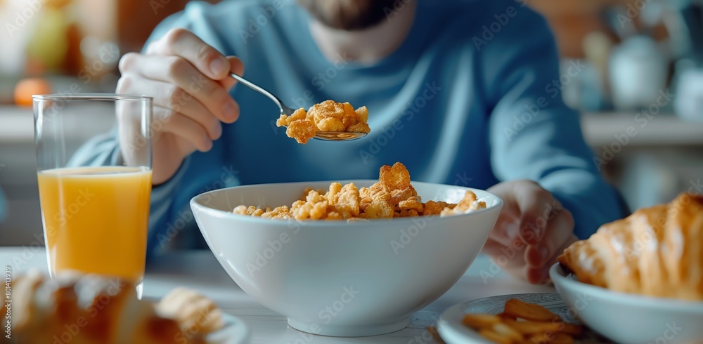 Man enjoying a bowl of crunchy cereal at the breakfast table with morning light shining in close-up Man enjoying a bowl of crunchy cereal at the breakfast table with morning light shining in close-up