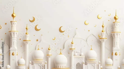 Elegant white and gold themed illustration of Islamic architecture with crescent moons and stars.
