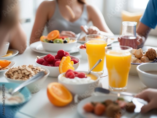 Close-up image of young people enjoying a nutritious breakfast with fruits  cereal  and orange juice in a bright  cozy setting