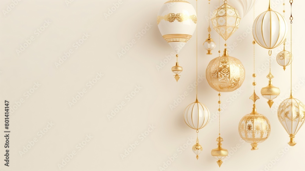 Elegant golden Eid lanterns and ornaments hanging against a soft cream background, ideal for holiday themes. Elegant golden Eid lanterns and ornaments hanging against a soft cream background, ideal for holiday themes.
