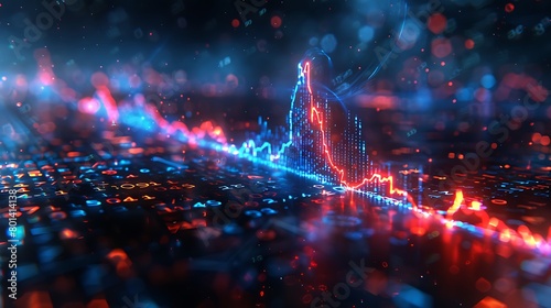 Visualize the economy's heartbeat with a graphic representation of a heartbeat monitor line in blue that suddenly spikes upwards, turning into a digital upward arrow against a backdrop of stock market © LuvTK