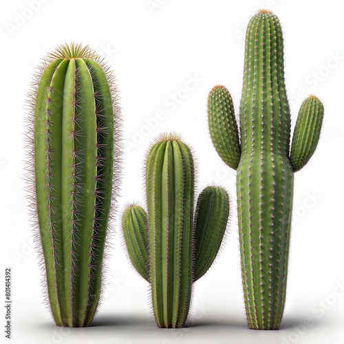 Vibrant image showcasing three different types of mexican cacti against a pure white background, highlighting their green hues and diverse shapes synonymous with desert flora