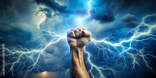 A fist clenched in a dramatic sky, full of lightning, power and defiance. The charged atmosphere creates a sense of energy and the possibility of storm.AI generated.