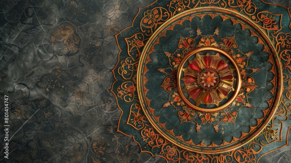 Intricate ornamental design with gold and red details on a textured dark background.