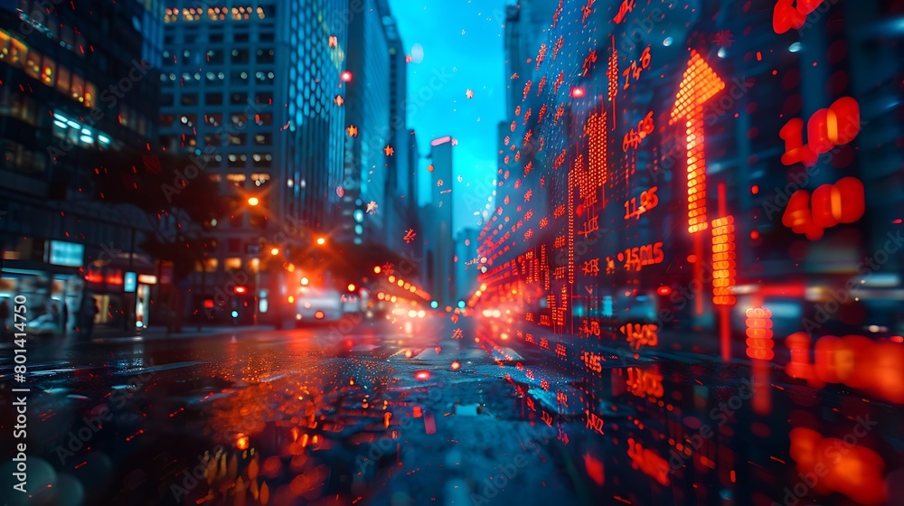 Obraz premium A corporate skyline reimagined, where a building's silhouette teems with the life of digital numbers and evolving stock charts.