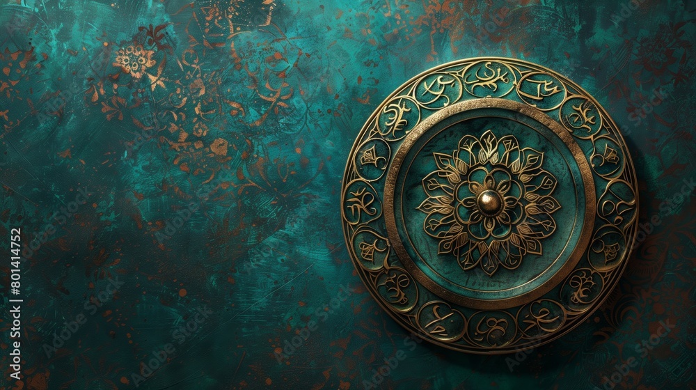 An intricately designed antique golden medallion on a distressed teal background with floral patterns. An intricately designed antique golden medallion on a distressed teal background with floral patterns.