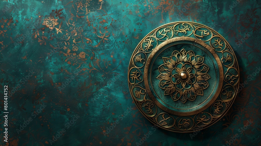 An intricately designed antique golden medallion on a distressed teal background with floral patterns.