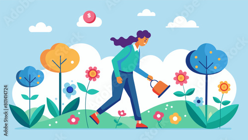 A person walking through a garden with different flowers representing different debt types using tools like Debt snowball od Debt avalanche and