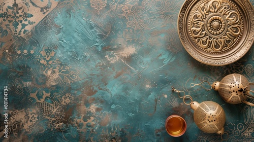 Elegant still life featuring an ornate golden tray, traditional tea glass, and filigree tea infusers on a textured blue and bronze background. photo