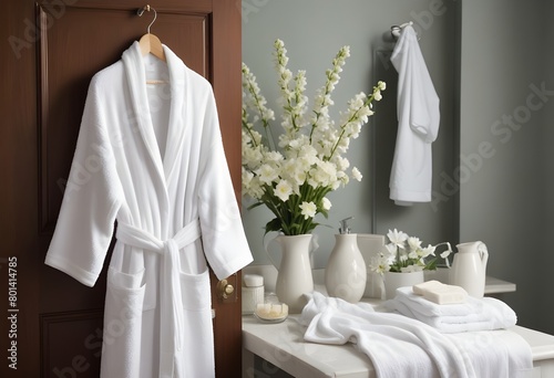 A white bathrobe hanging on a door  with a vase of white flowers and other bathroom accessories in the background