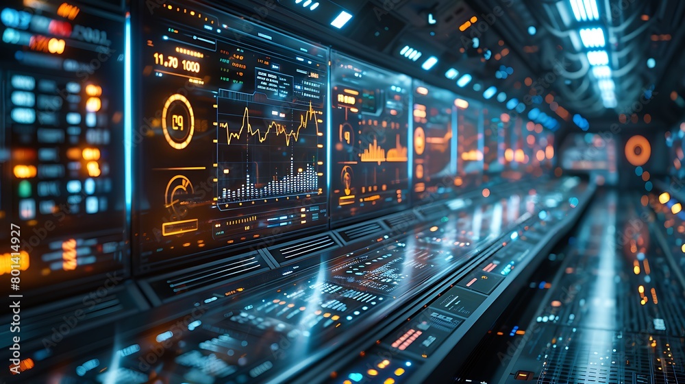 A futuristic financial dashboard featuring a sophisticated array of multiple screens displaying rising stock graphs in various shades of blue.