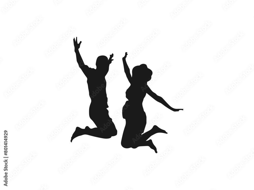 young couple friends jumping silhouettes. People holding hands in a jump vector. Illustration of people jumping silhouettes. Vector silhouette of woman jumps on white background. black and white.