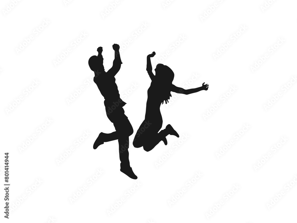 young couple friends jumping silhouettes. People holding hands in a jump vector. People jumping, friends man and woman set. Vector silhouette of woman jumps on white background. black and white.