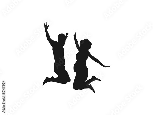 young couple friends jumping silhouettes. People holding hands in a jump vector. Illustration of people jumping silhouettes. Vector silhouette of woman jumps on white background. black and white.