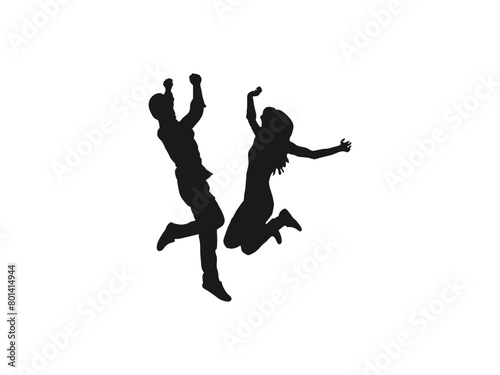 young couple friends jumping silhouettes. People holding hands in a jump vector. People jumping, friends man and woman set. Vector silhouette of woman jumps on white background. black and white.