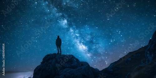 Silhouette of a solitary explorer admiring the breathtaking Milky Way galaxy on a starry night in the rugged outdoors