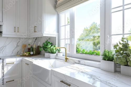 Bright large deep blue kitchen with marble counter.