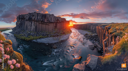 Panoramic view of Aldeyjarfoss waterfall in Iceland at sunrise. Created with Ai