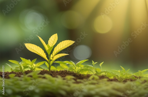 Young plant growing in the morning light and green nature bokeh background , new life growth ecology business financial progress concept ,Earth Day