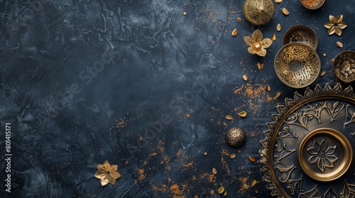 Elegant dark blue textured background adorned with ornate golden dishes and scattered spices.