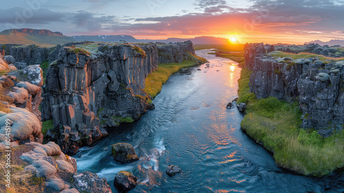 Panoramic view of Alde Constantine Waterfall in Iceland at sunrise. Created with Ai photo