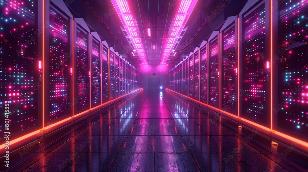 A long, dark hallway with bright pink lights on the walls and floor.