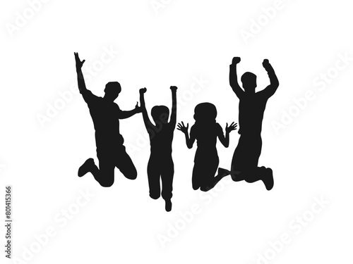 Happy jumping people silhouettes. People holding hands in a jump vector. Illustration of people jumping-silhouettes. Cheerful man and woman isolated. Jumping friends colorful background.
