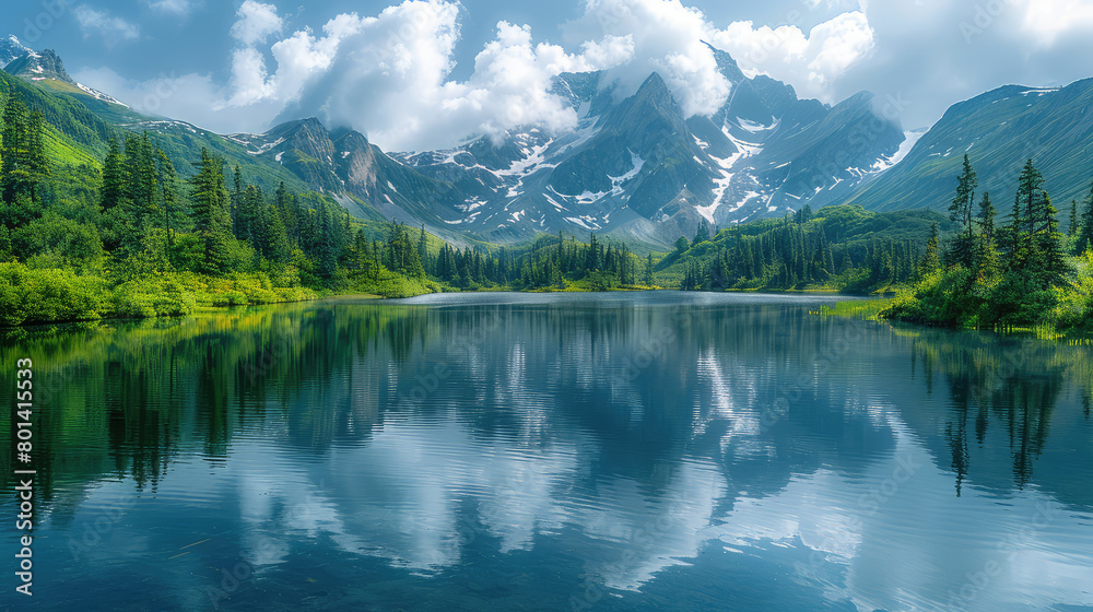 Beautiful mountain lake with a green forest and blue sky with clouds in the background. Created with Ai