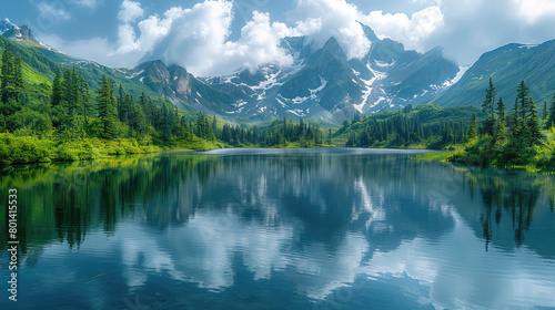 Beautiful mountain lake with a green forest and blue sky with clouds in the background. Created with Ai