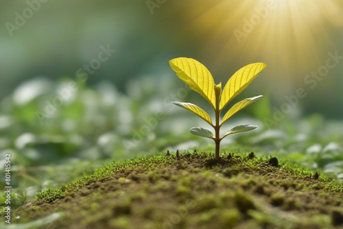 Young plant growing in the morning light and green nature bokeh background , new life growth ecology business financial progress concept ,Earth Day