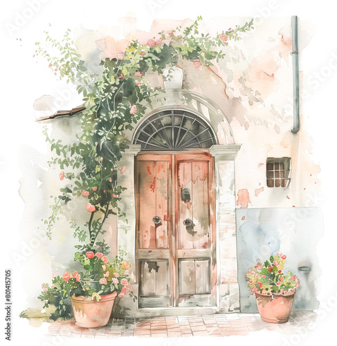 Rustic watercolor entrance with blooming flowers photo