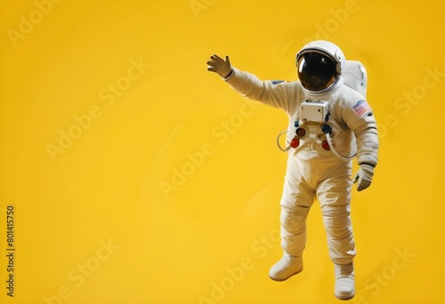 A astronaut in a spacesuit floating in space against a yellow background photo