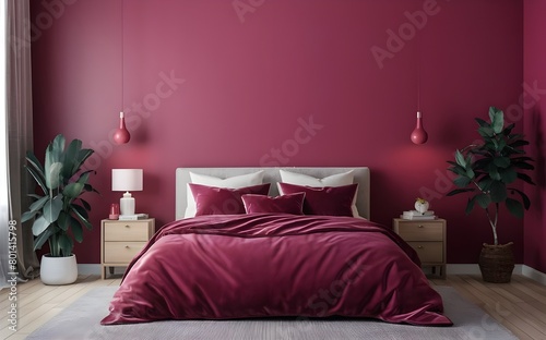 Empty painted viva magenta wall. White and crimson red burgundy color bedding furniture and blank background.Bedroom interior trend 2024 year Modern luxury apricot room interior home designs.
