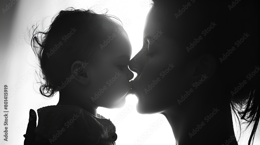 silhouette of a young woman giving her child a tender kiss