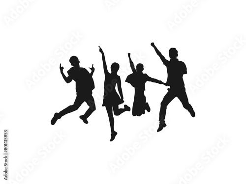 Happy jumping people silhouettes. People holding hands in a jump vector. Illustration of people jumping-silhouettes. Cheerful man and woman isolated. Jumping friends colorful background.