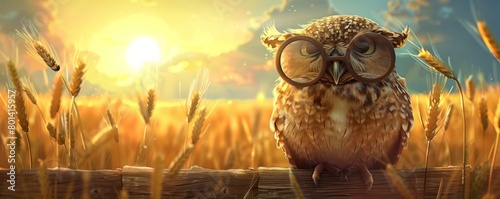 An adorable picture of a quirky owl with large circular glasses, sitting on a weathered wooden fence against a backdrop of golden wheat fields.