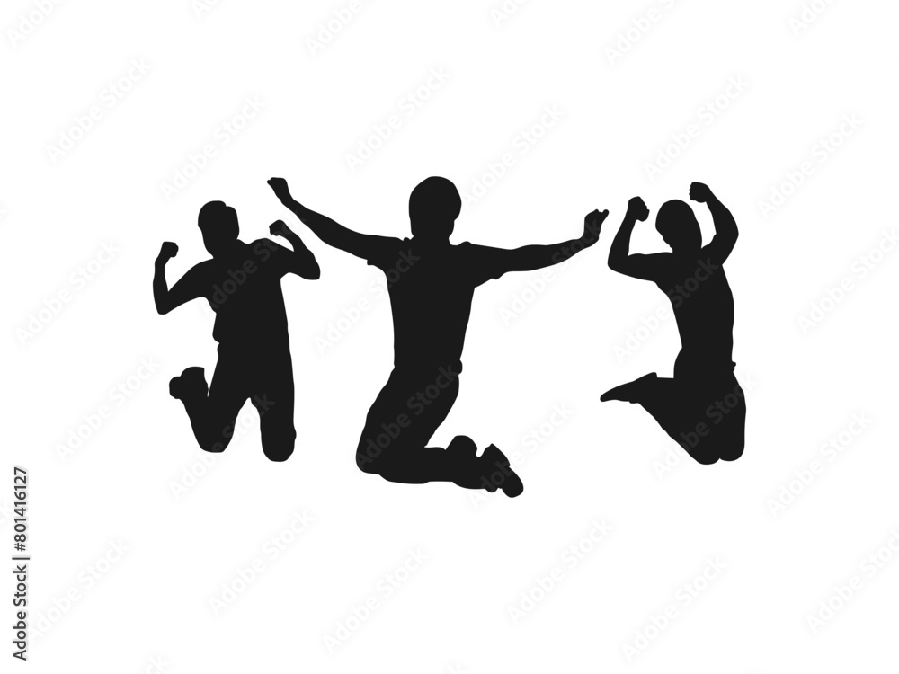 Happy jumping people silhouettes. Black and white vector collection. Illustration of people jumping-silhouettes. Silhouette group of people jumping on white background. Happy celebration concept.