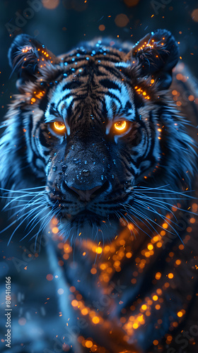 Digital Majesty: Blue-Eyed Tiger Amidst Sparkling Lights