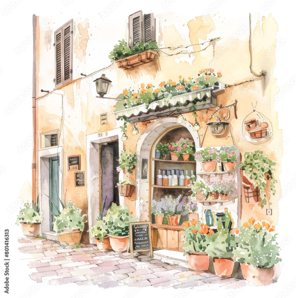 Artistic watercolor of a Tuscan shopfront