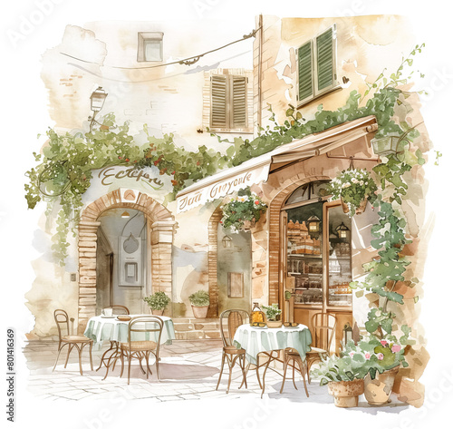 Cozy Italian street cafe watercolor painting