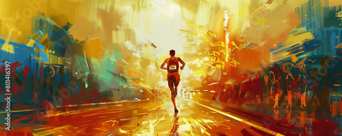 An uplifting moment of a marathon runner reaching the finish line, surrounded by a cheering crowd and the iconic Olympic flame, symbolizing triumph and perseverance.