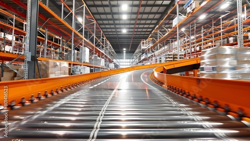 Efficient conveyor belt system moves goods through warehouse aiding inventory management. Concept Warehouse Efficiency, Conveyor Belt System, Inventory Management, Goods Movement
