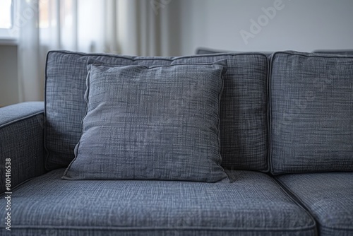 Close up of grey sofa. Scandinavian home interior design.