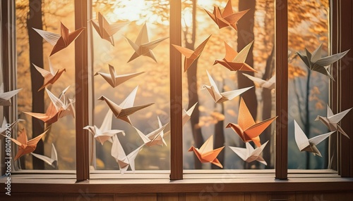 window display of origami birds flying freely in the bree generative ai