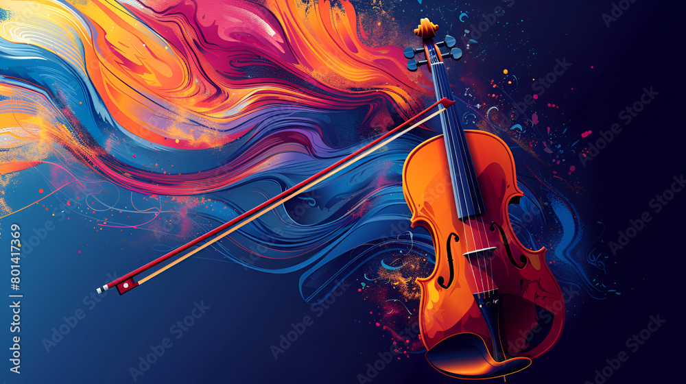 Watercolor style ai artwork of colorful abstract music background with violin and musical notes.
