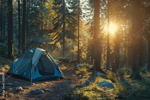 Camping tent in autumn forest near lake.