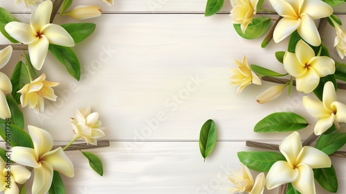 Elegant floral design with vivid white and yellow plumeria flowers and green leaves on a white wooden background.