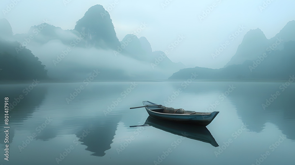 Tranquil Reflections of Mountains and a Lone Boat Amidst Nature's Peaceful Scenery Tranquil Reflections of Mountains and a Lone Boat Amidst Nature's Peaceful Scenery