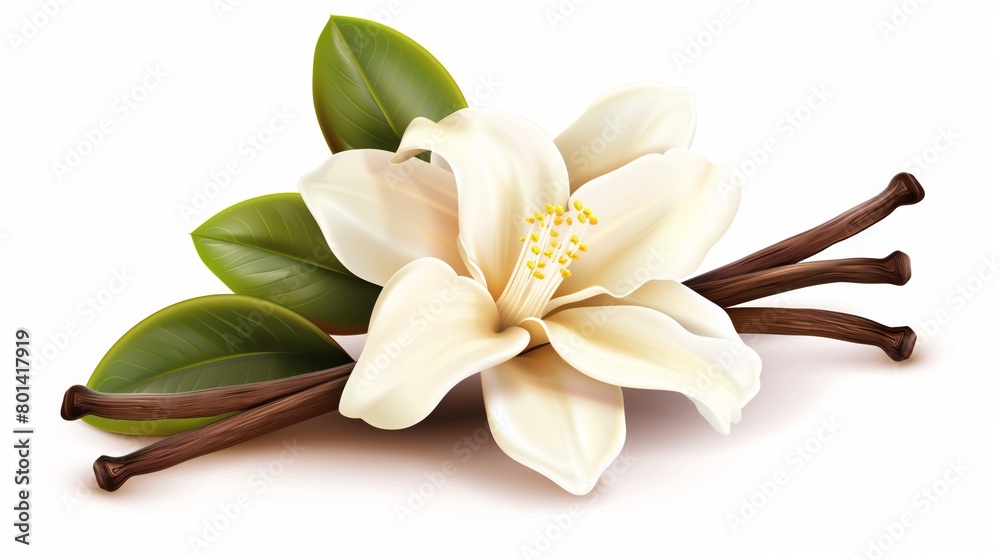 Realistic illustration of a white magnolia flower with green leaves and brown stems. Realistic illustration of a white magnolia flower with green leaves and brown stems.