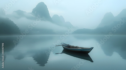 Tranquil Reflections of Mountains and a Lone Boat Amidst Nature's Peaceful Scenery